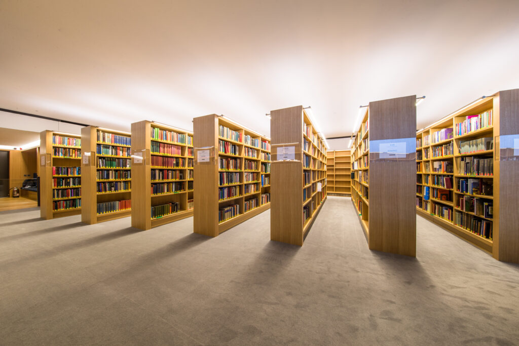 book shelves in the new Library