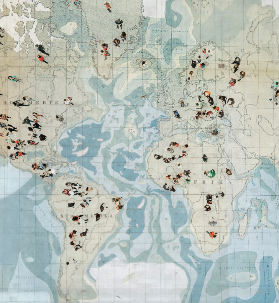 Crowd walking on global map. Composition made with antique map.
