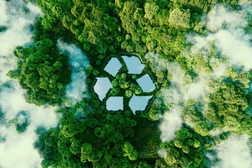 the recycling symbol overlaid on a forest from above