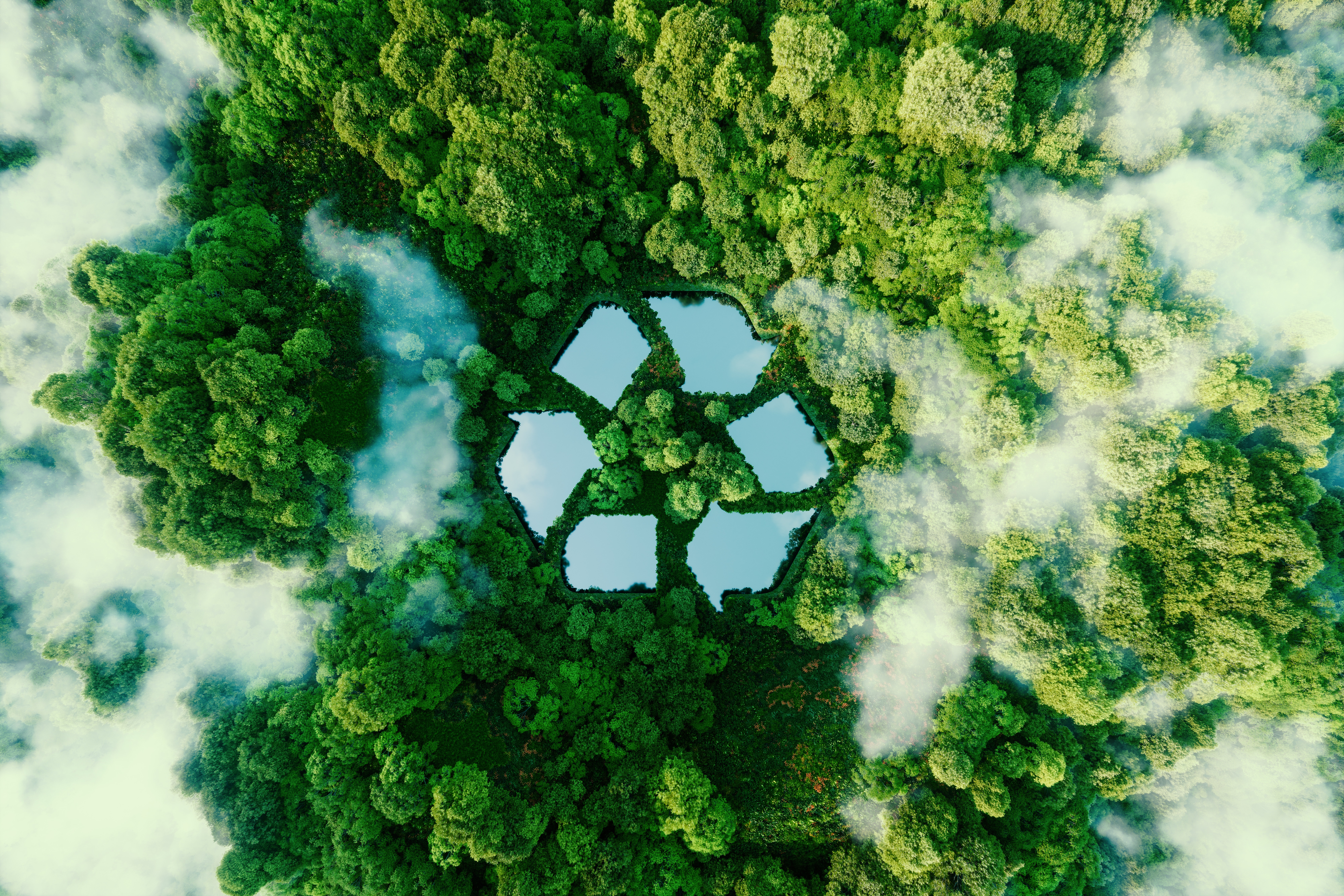 the recycling symbol overlaid on a forest from above