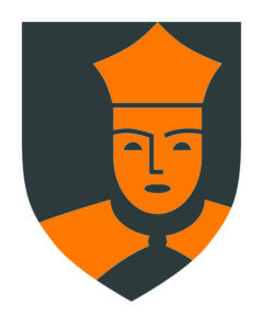 Drawing of Founder's face over coat of arms shape