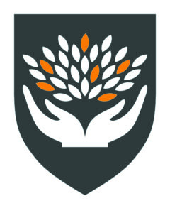 hands holding leaves on a coat of arms background
