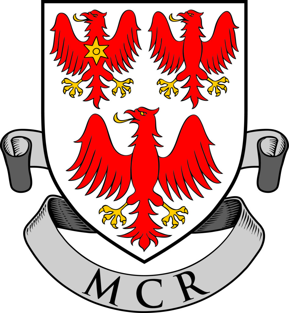 College coat of arms with MCR written underneath