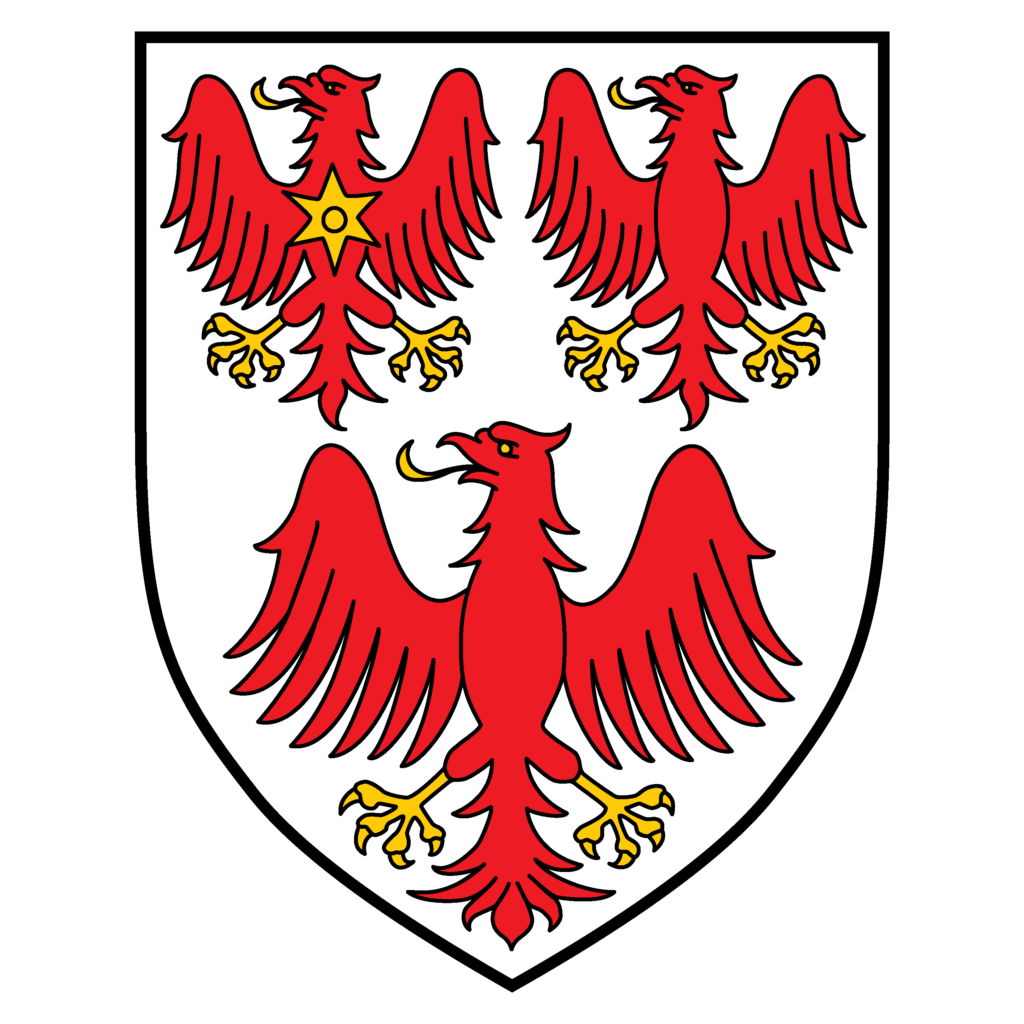 The Queen's College coat of arms with three red eagles
