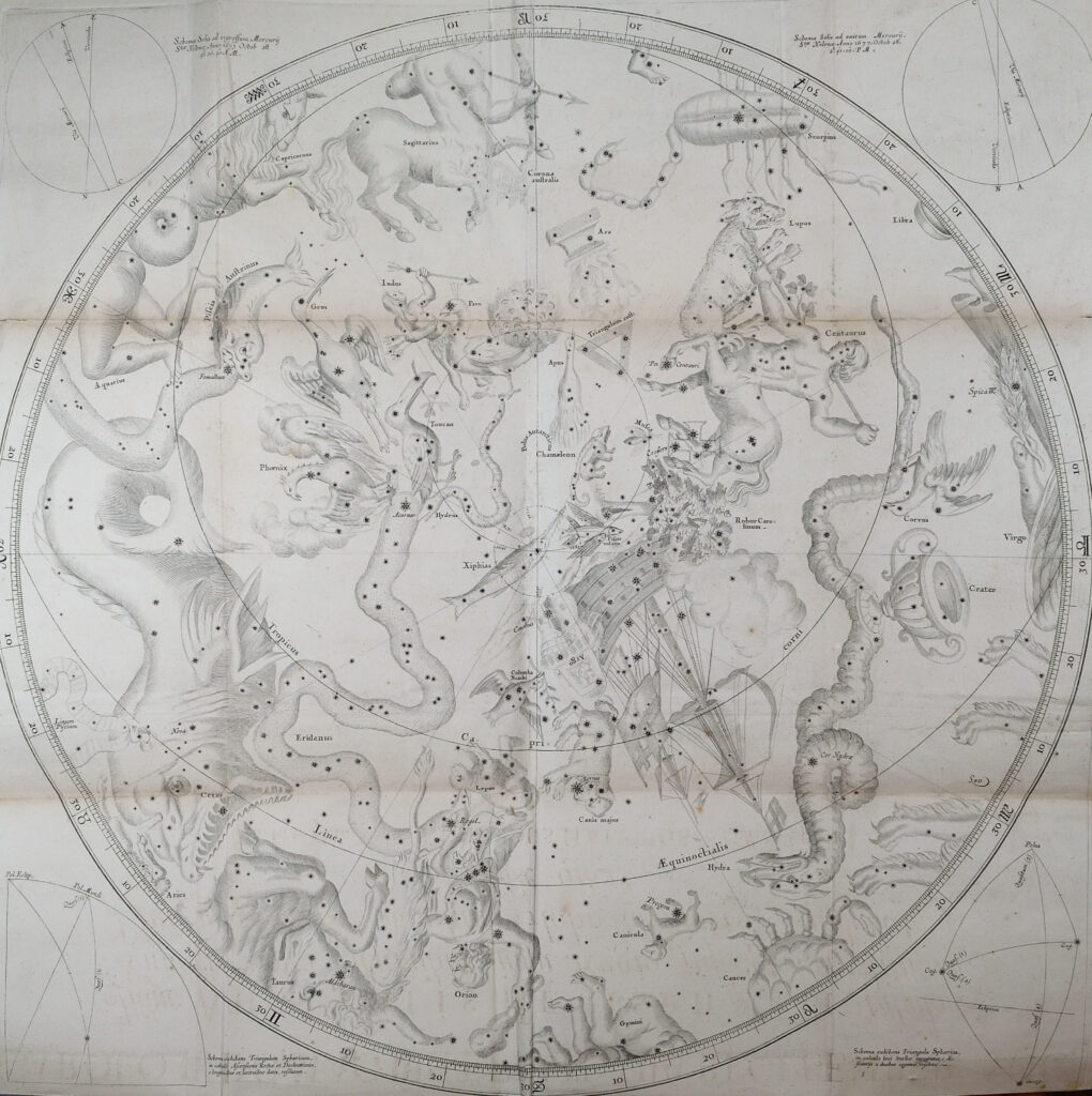 Photograph of a large engraved star map illustration by Edmund Halley. Among the illustrated constellations is ‘Robus Carolinum’ (Charles’ Oak), a now unrecognised constellation Halley dedicated to King Charles II.
