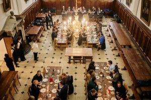 People dining in Hall, an aerial view