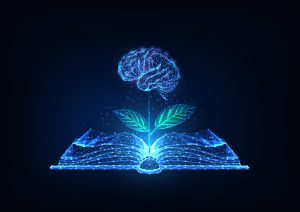 Futuristic knowledge, education, creativity concept with glowing low polygonal open book and plat with brain as a flower on dark blue background. Modern wire frame mesh design vector illustration.