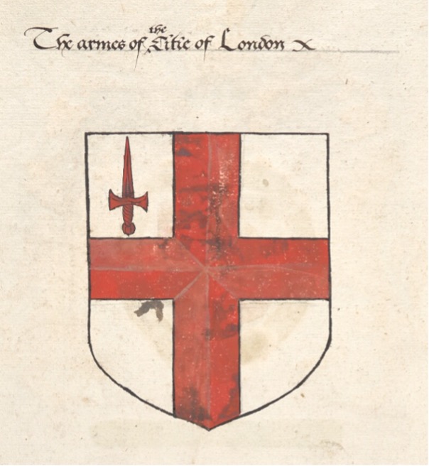 The arms of [the] Citie of London, Queen's MS 72. Image: The Provost and Fellows of The Queen’s College, Oxford. CC-BY.