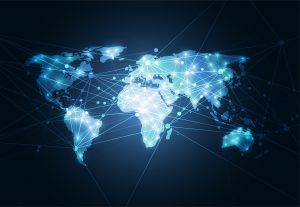 World map point and line composition concept of global networking.