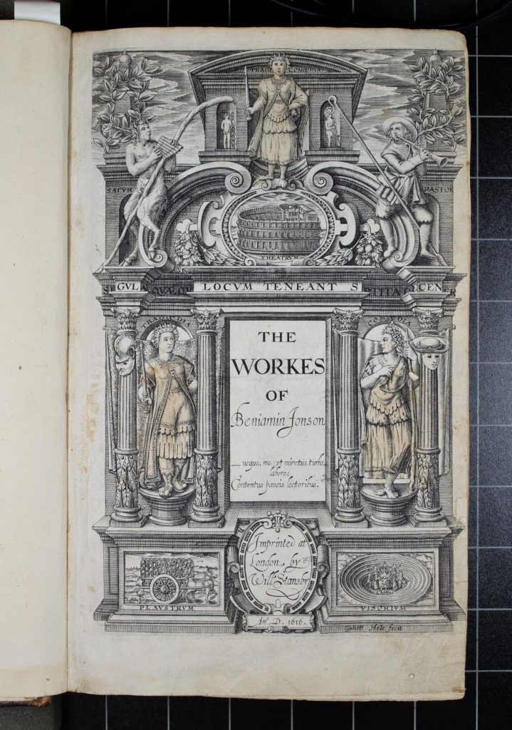 Image shows the title page of 'The workes of Beniamin Jonson' printed in 1616. The decorative page takes the form of a classical, temple-like facade with the title in the middle.