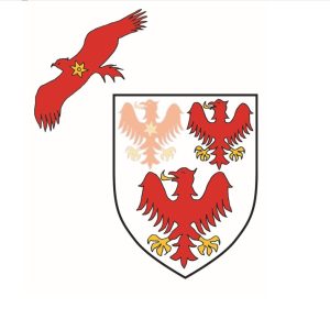 Queen's College crest with one eagle flying off