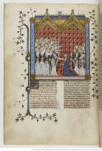Royal anointing as detailed in illuminated manuscript