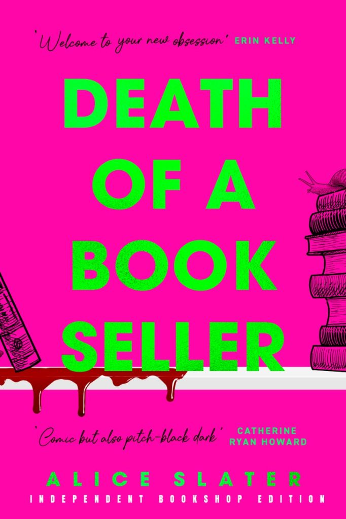 Death of a Bookseller front cover with bright pink background and lime green title. Books visible at the edges and blood dripping off the shelf.