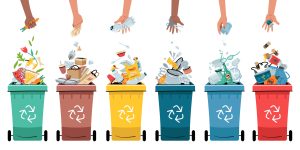 drawings of differently coloured recycling wheelie bins with hands pictured above throwing waste into them