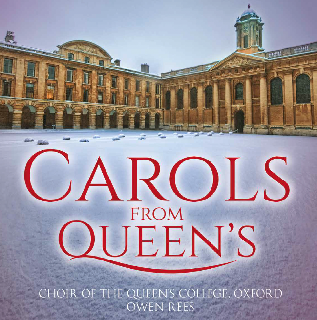 Carols from Queen's text in red overlaid a snowy image of The Front Quad