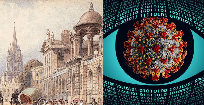 Drawing of Oxford High Street pre-cars and a graphic of a microbe surrounded by binary code in the shape of an eye