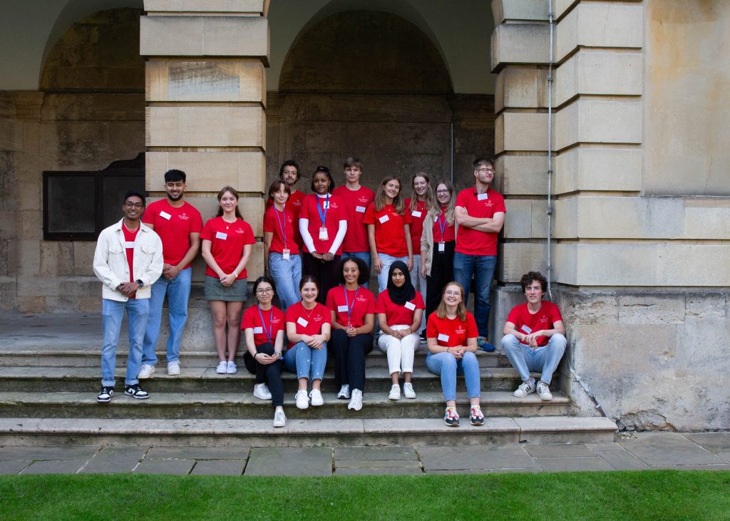 Student ambassadors at the 2023 open days wearing red t-shirts