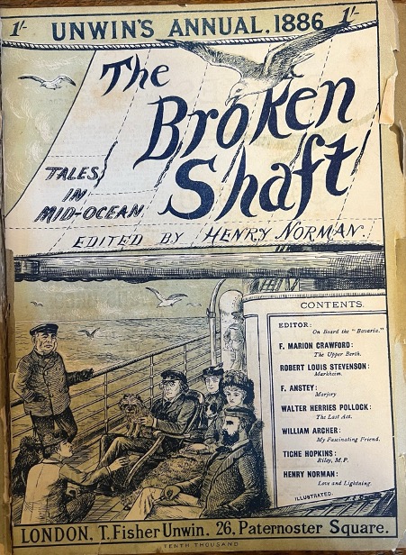 front cover of Unwin's Annual 1886 showing an illustration of sailors at sea and the contents page of stories which includes Markheim