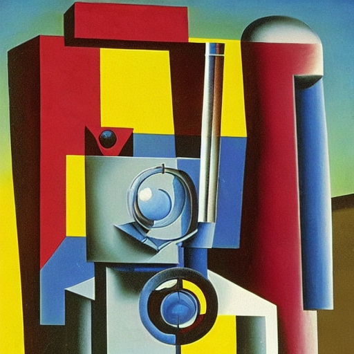 modern art with primary coloured blocks and two circles that are reminiscent of eyes