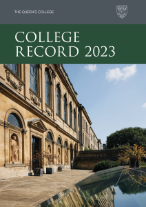 front cover of 2023 College Record with dark green title banner and an image of the old and new library exteriors with holm oak in the background