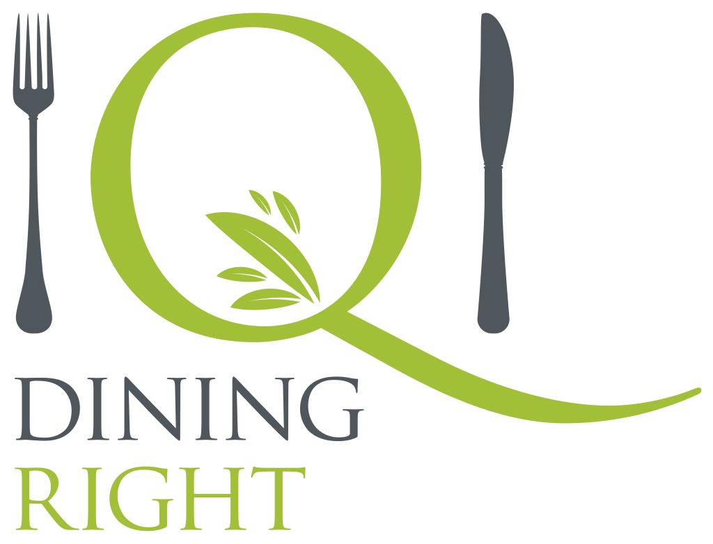 Dining Right logo: a green letter Q in the space where a dinner plate would sit with fork and knife either side