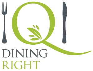 Dining Right logo: a green letter Q in the space where a dinner plate would sit with fork and knife either side
