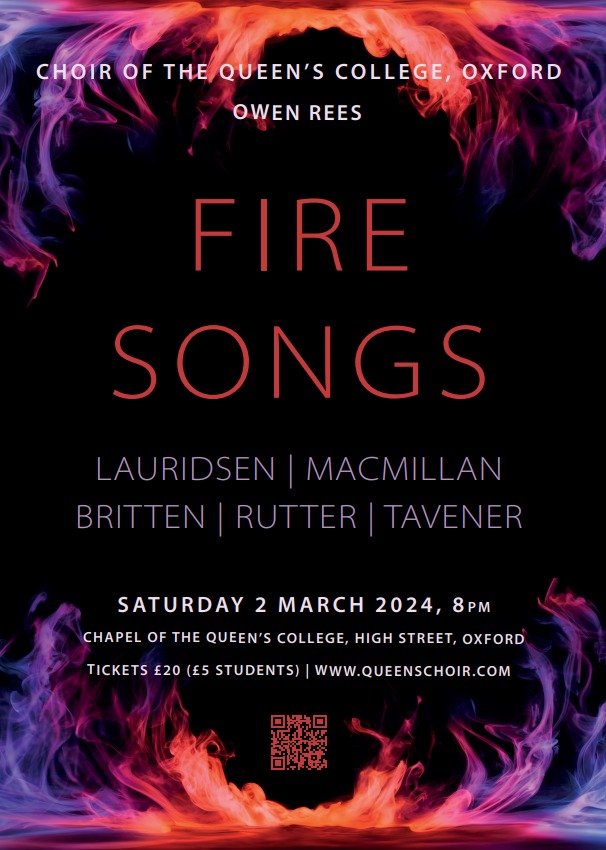 poster with red and purple flames around the border and the title Fire Songs with repertoire as listed on the event page