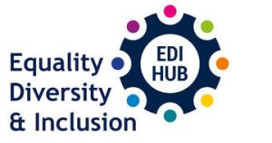 Equality, Diversity and Inclusion is written as part of the logo which is a blue circle with colourful dots and the words EDI hub in the centre