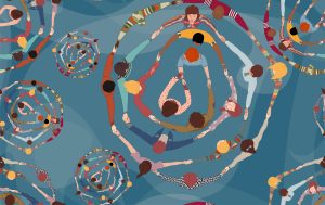 Backdrop Seamless Pattern With Group Of Diverse People In A Circle From Different Cultures Holding Hands. Community Men And Women Of Friends Or Volunteers. Top View. Racial Equality.
