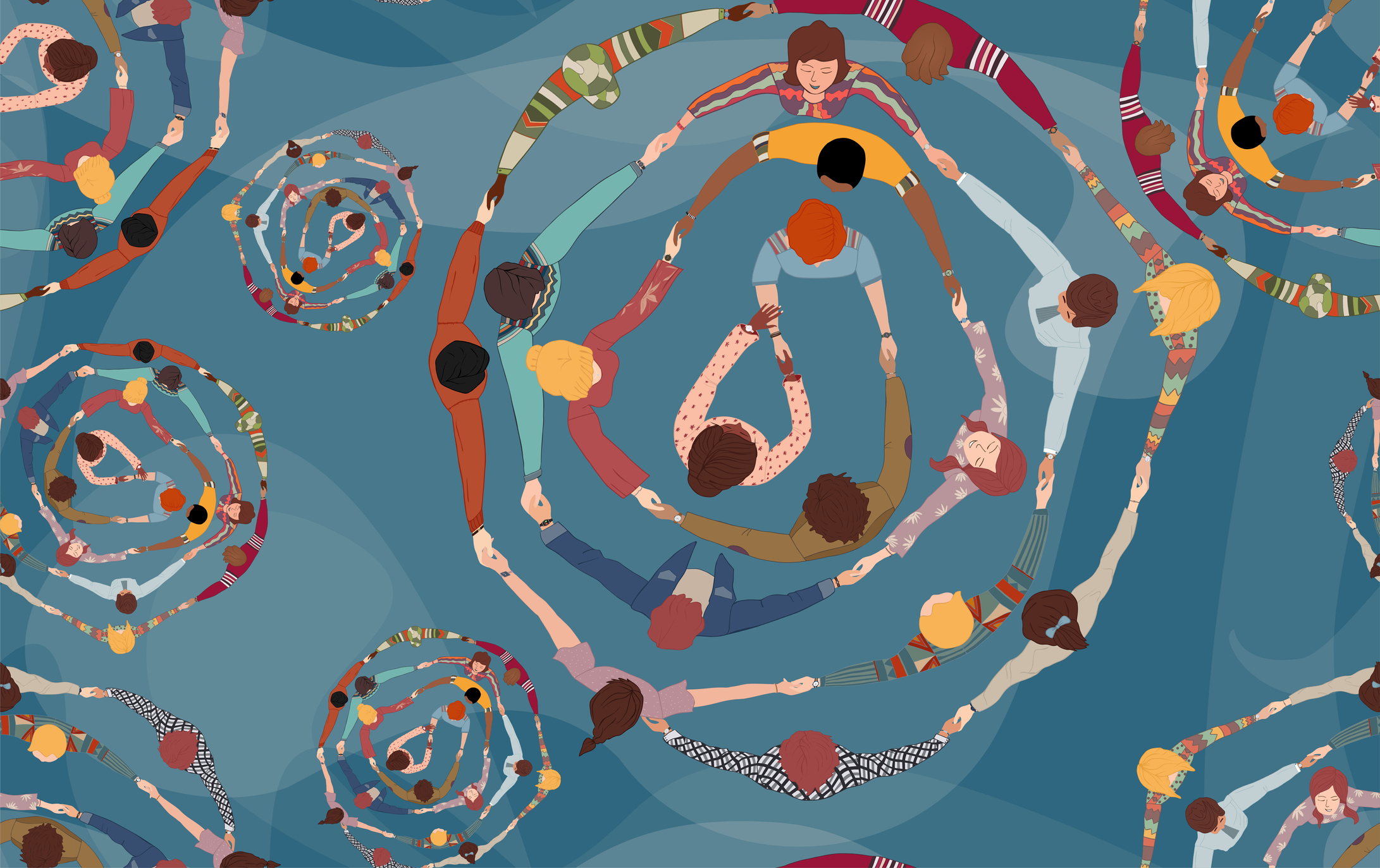 Backdrop Seamless Pattern With Group Of Diverse People In A Circle From Different Cultures Holding Hands. Community Men And Women Of Friends Or Volunteers. Top View. Racial Equality.