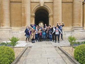 school students pictured standing in a group in Front Quad during the science residential