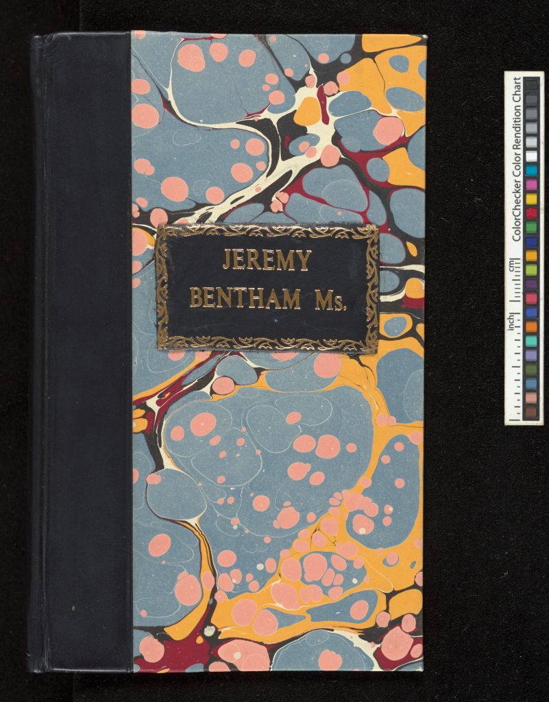 Jeremy Bentham's notebook front cover with black spine, marbled effect background and the words Jeremy Bentham Ms. in a rectangle box in the middle