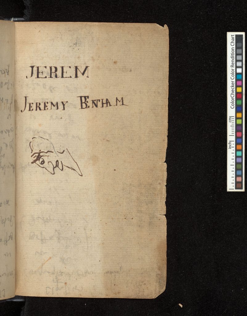 interior page of Bentham's manuscript showing his handwritten name and a caricature of a person's head