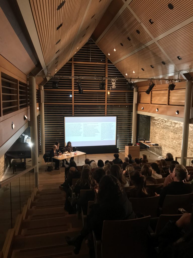 Tess Lewis, Anne Weber, and Hannah Scheithauer in conversation at The Queen’s College (left to right).