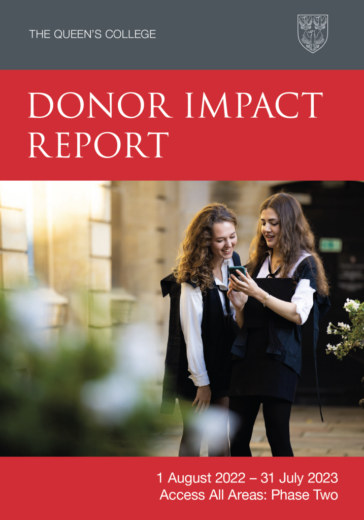 Donor Impact report 2024 cover with two students in subfusc looking at a mobile phone and laughing