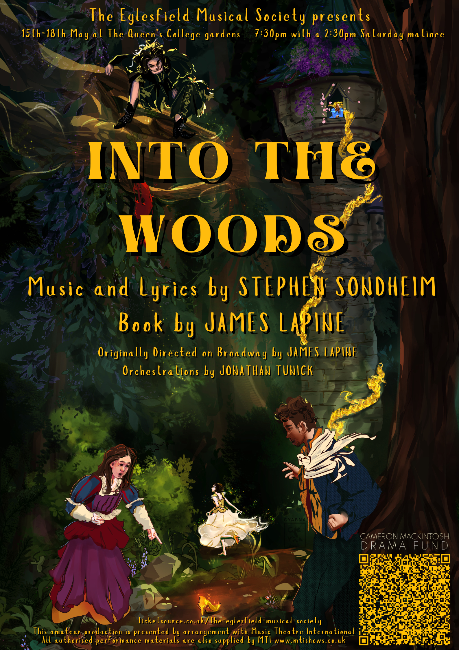 Into the wood poster with illustration of fairytale characters in a dark green lush forest