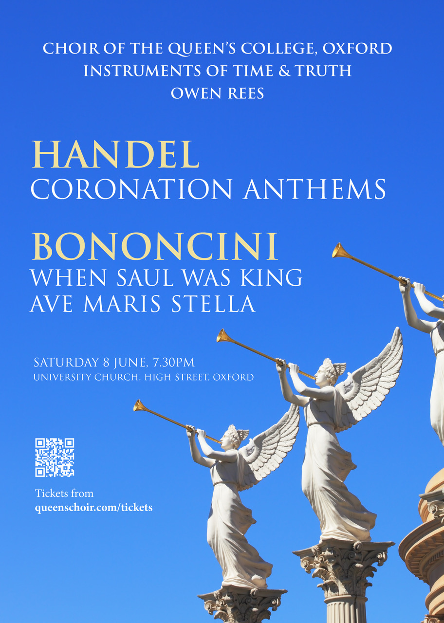 concert poster with a blue sky background and three stone-carved angels blowing golden bugles. all text contained in event listing