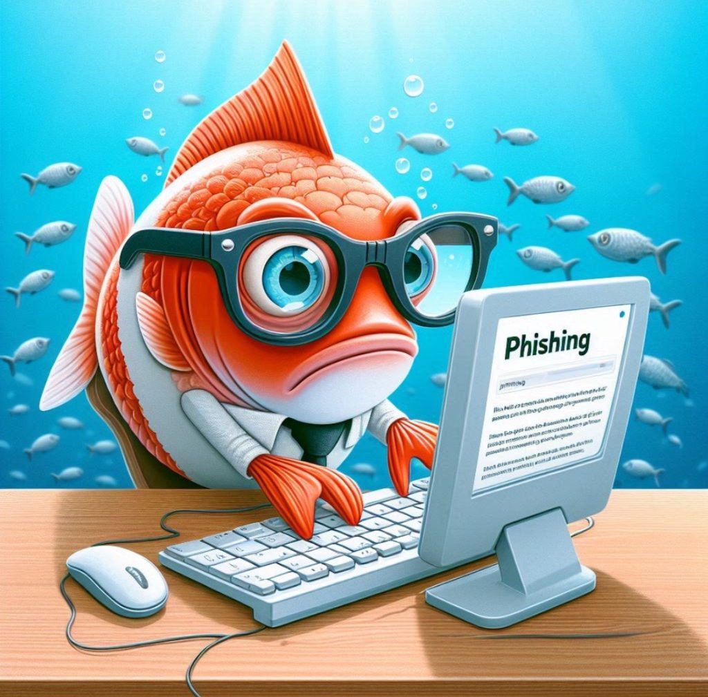 a cartoon goldfish wearing clothes and glasses sitting at a computer