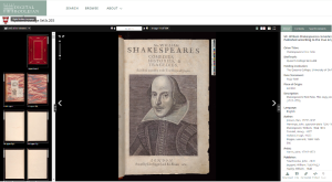 the front page of a Shakespeare First Folio on a black background with digital tools down the side