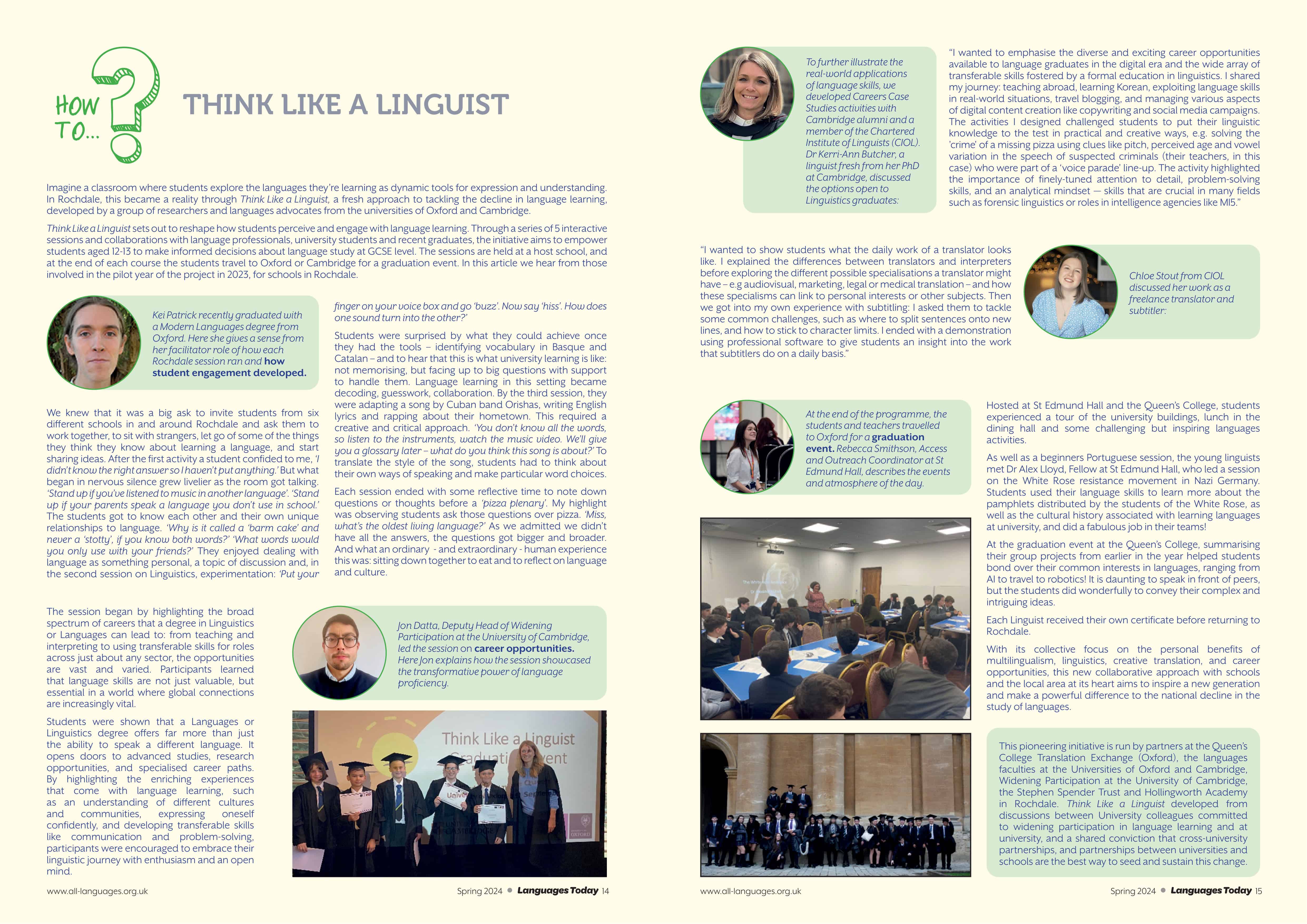 PDF of article about the Think Like a Linguist project, published in Languages Today. Full plain text version of the article is included below the image.