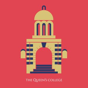 cover image for the Discover Queen's publication. There's a bright red background and a stylised drawing of the cupola and front door of the College in gold with navy blue detail. The text reads: 'The Queen's College'