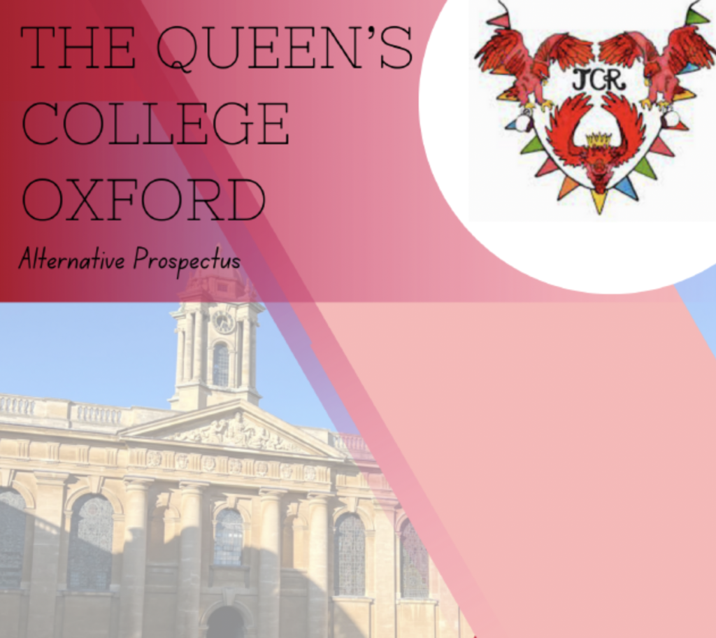 Front Cover for the student Alternative Prospectus with the college's name at the top, the Front Quad in the background overlaid with red abstract shapes and the JCR logo with red eagles and rainbow bunting