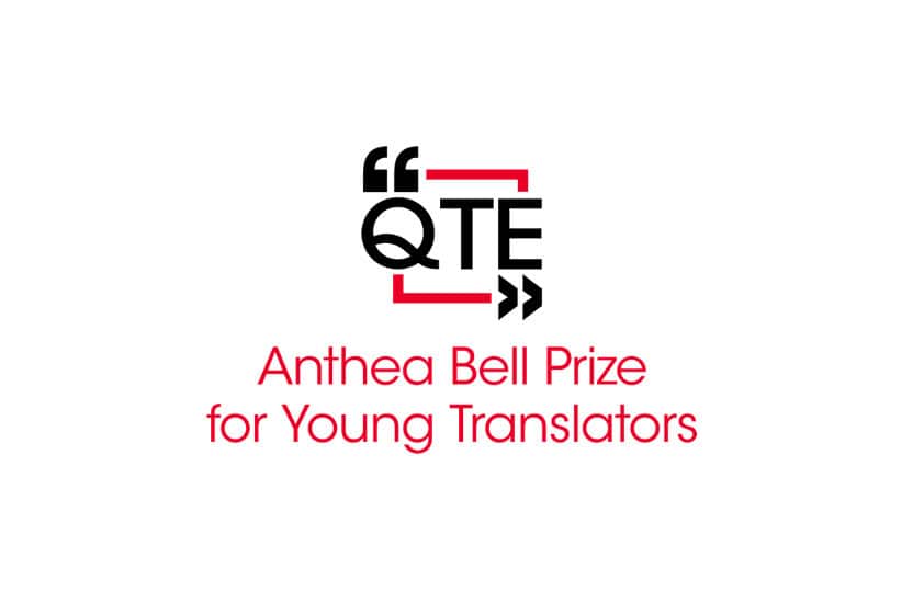 ogo for Anthea Bell Prize with QTE in a red square with two kinds of quotation marks and the text 'Anthea Bell Prize for Young Translators' in red underneath