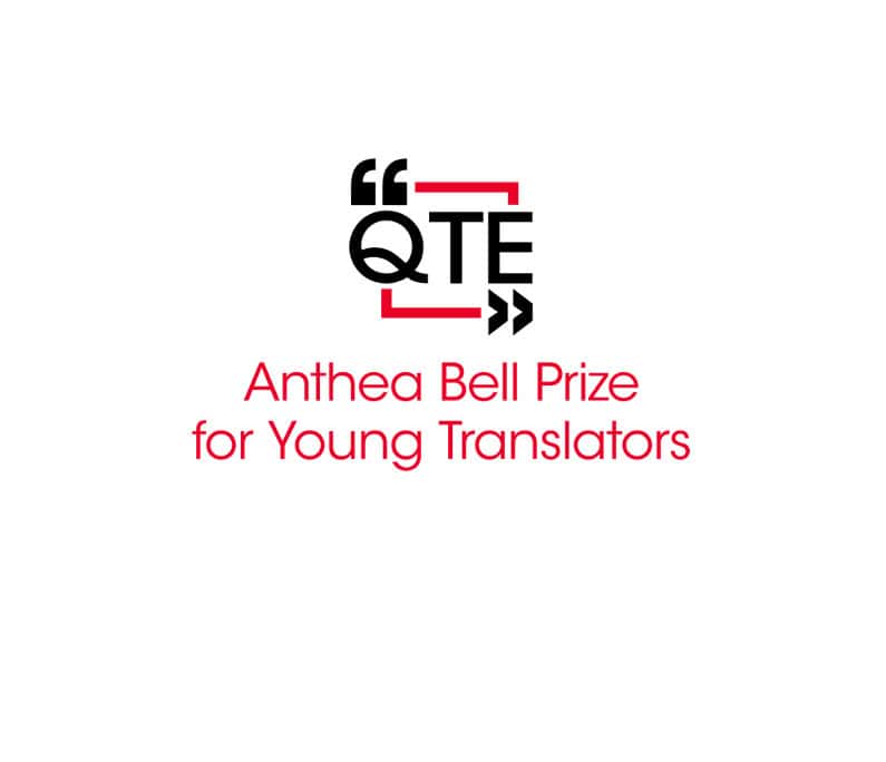 The QTE logo which is a red open box shape with black capital letters QTE and two kinds of quotation marks at the edges. Underneath there's red text saying 'Anthea Bell Prize for Young Translators'