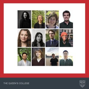 a 12-photo grid of people photos, one for each academic mentioned in the news item. The photo grid has a red border with a grey footer containing the Queen's College name and coat of arms in white.