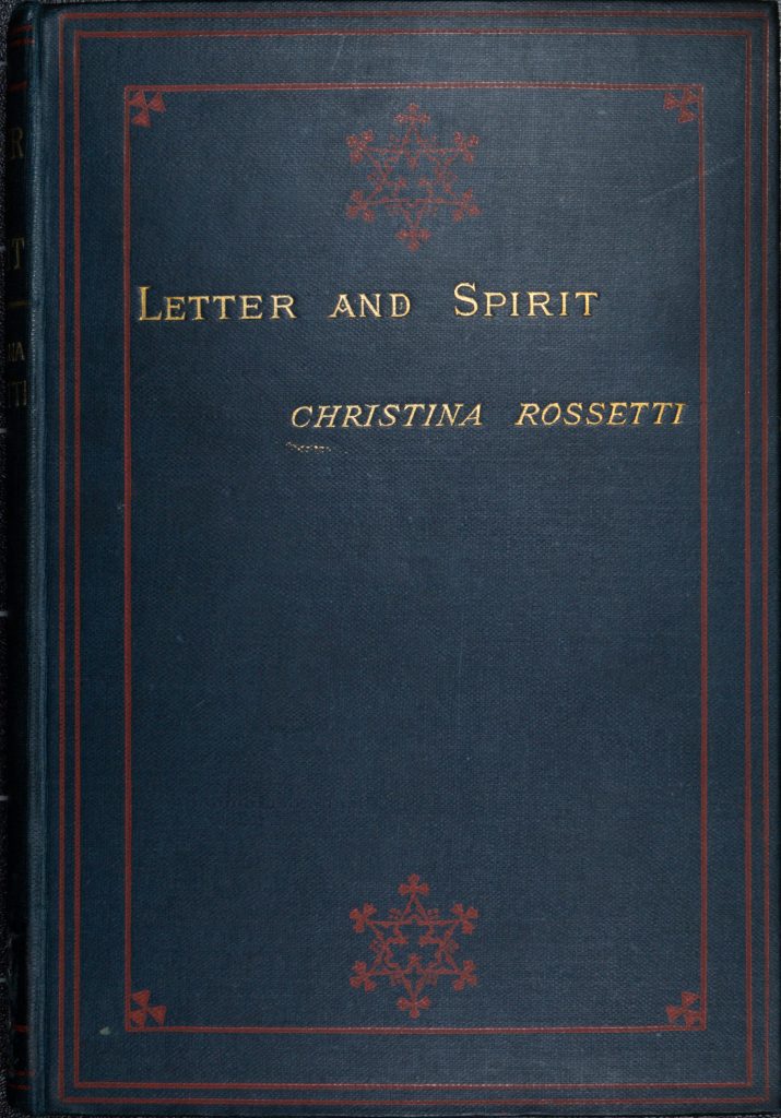 The book 'Letter and Spirit' lying flat so the cover is face-up. The cover is blue cloth with embosses red frames. There are embossed red snowflake-like designs at the head and foot of the cover. The title and author are embossed in gold.
