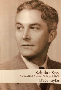 book cover for 'Scholar-Spy' with a sepia photograph of Sir Peter Russell