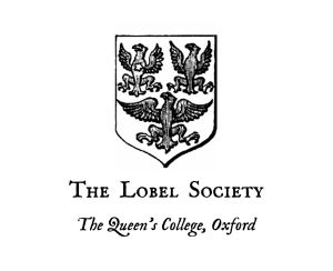 A stylised black and white version of the Queen's college coat of arms featuring three eagles. Text reads: The Lobel Society, The Queen's College, Oxford
