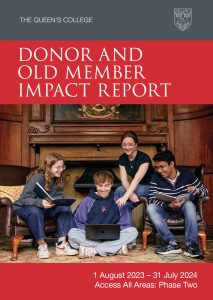Donor Impact report 2023-24 cover with four students sitting in the Old Taberdars' Room and looking at a laptop whikle they plan some arts events
