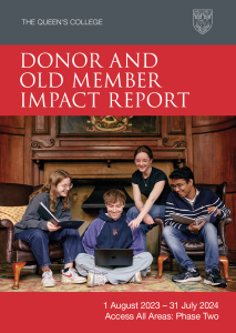 Donor Impact report 2023-24 cover with four students sitting in the Old Taberdars' Room and looking at a laptop whikle they plan some arts events